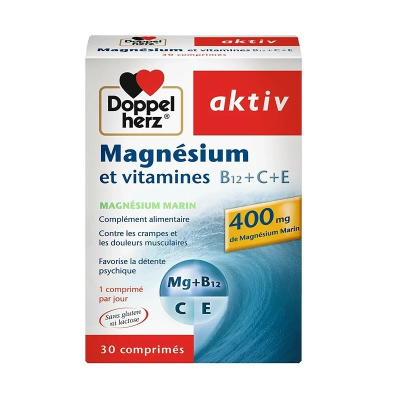 DOPPELHERZ AKTIV Magnésium et Vitamines B12+C+E, 30 comprimés